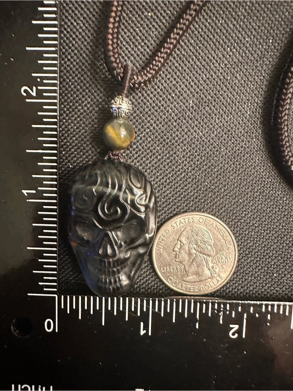 Unique Blue and Golden Tiger’s Eye Skull Carving Pendant Necklace on Brown